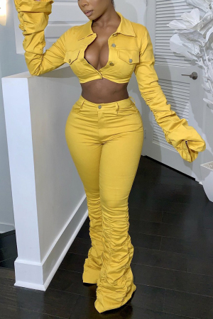 Fashion Dew Waist Yellow Solid Two Pieces