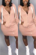 Fashion Casual Zipper Bag Hip Hooded Sweater Pink Dress