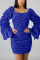 Fashion Casual Puff Sleeve Plisse Dark Blue Solid Dress