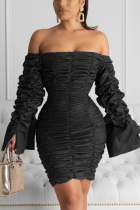 Fashion Casual Puff Sleeve Plisse Black Solid Dress