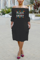 Casual Letter Print Off Shoulder Mid Sleeve Black Dress