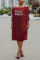 Casual Letter Print Off Shoulder Mid Sleeve Wine Red Dress