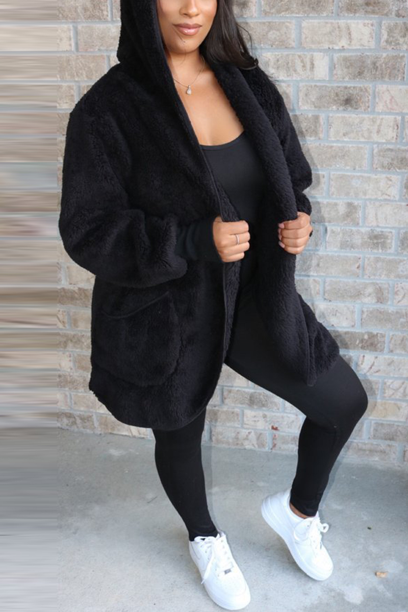 

Fashion Casual Hooded Collar Black Solid Velvet Coats