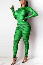 Sexy Fashion Good Elasticity Long Sleeve Round Neck Green Jumpsuit