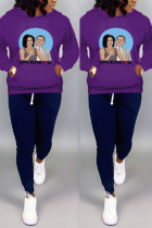 Casual Print Pocket Sports Hooded Long Sleeve Purple Top
