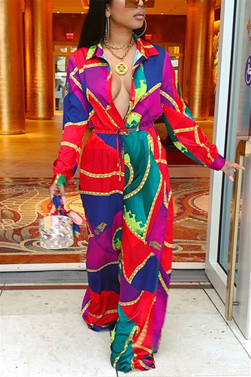 

Fashion Casual Chain Print Multicolor Long Sleeve Jumpsuit