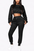 Fashion Casual Black Solid Pullover Two Pieces