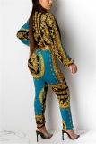 multicolor Sexy Print Button Long Sleeve Turndown Collar Jumpsuits