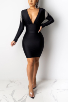 Fashion Solid Color V-neck Striped Fringe Long Sleeve Black Dress