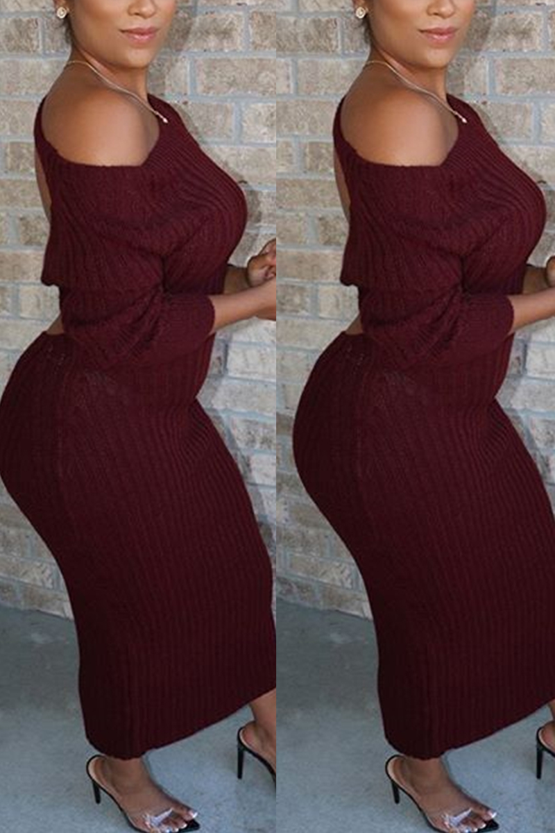 

Sexy Solid Color Long Sleeves Slim Backless Wine Red Dress