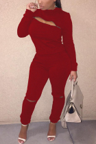 Casual Sports Zipper Hole Wine Red Two-Piece Suit