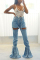 Fashion Wide Leg Bandage Patchwork Blue Flared Jeans (Only Jeans)