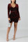 Fashion Sexy V-Neck Red Wine Long-Sleeved Dress