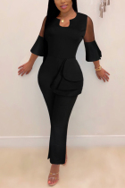 Fashion V Neck Ruffled Lace Sleeves With Irregular Black Jumpsuit