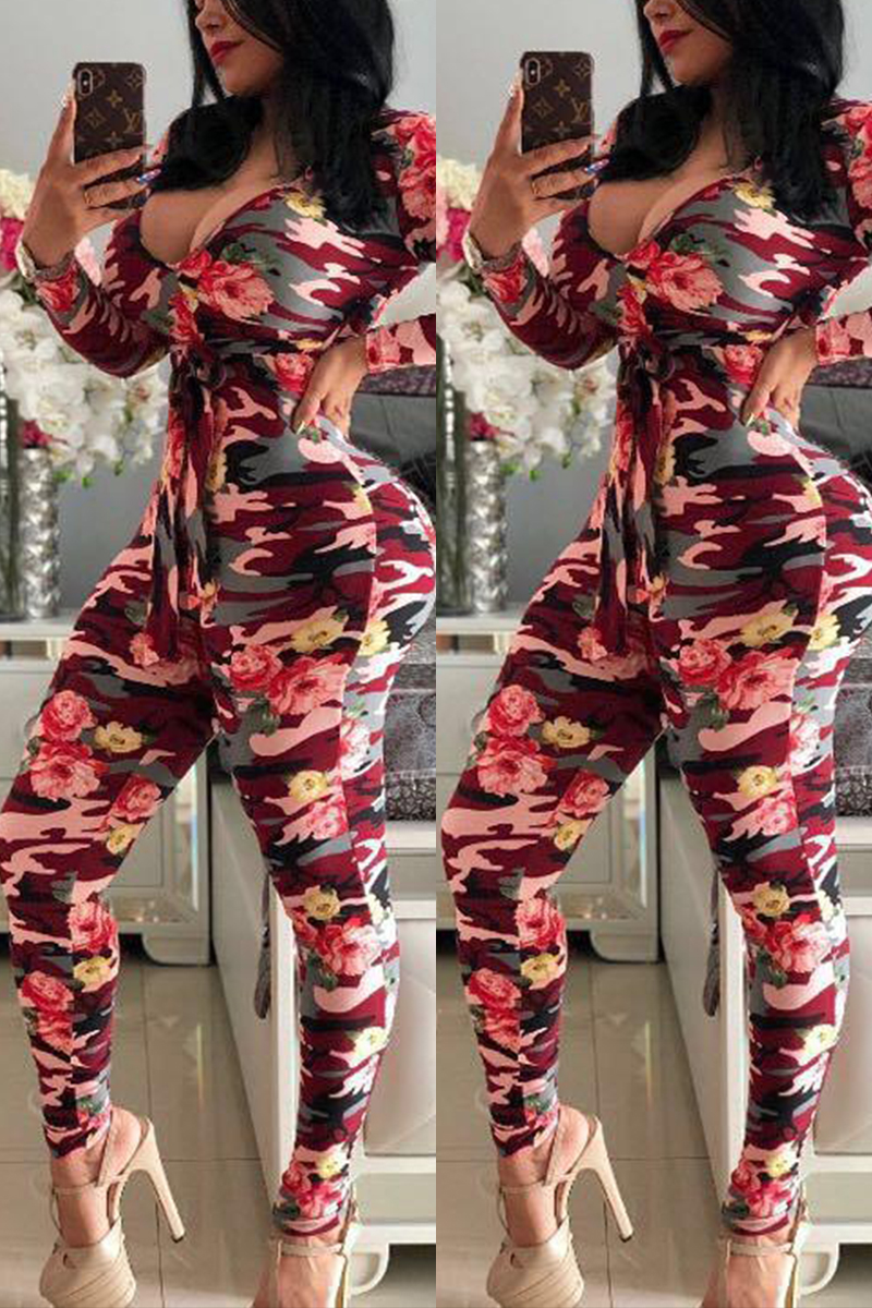 

Sexy Tight-Fitting Camouflage Printed V-Neck Red Jumpsuit