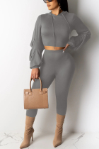 Casual Sports Hoodie Bandage Gray Two Piece Suit