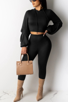 Casual Sports Hoodie Bandage Black Two Piece Suit