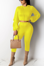 Casual Sports Hoodie Bandage Yellow Two Piece Suit