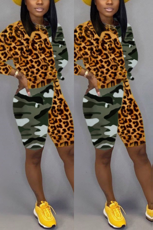 Fashion Leopard Camouflage Stitching Multicolor Two-Piece Suit