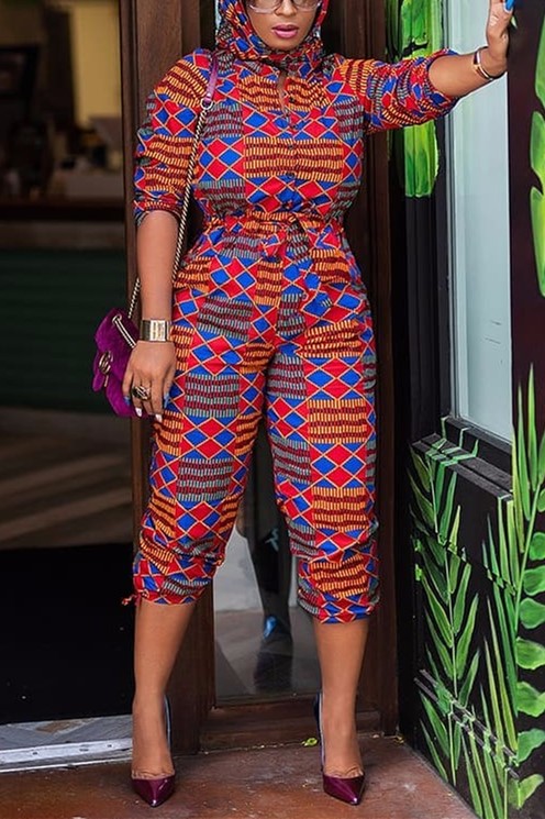 

Fashion Casual Printing Red Long SleeveJumpsuit