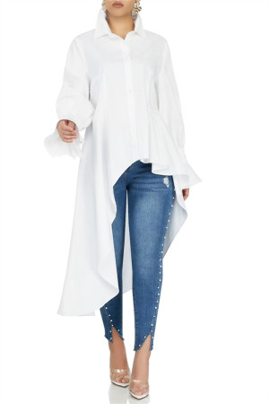 Fashion Sexy Solid Color White Long-Sleeved Top (Without Pants)