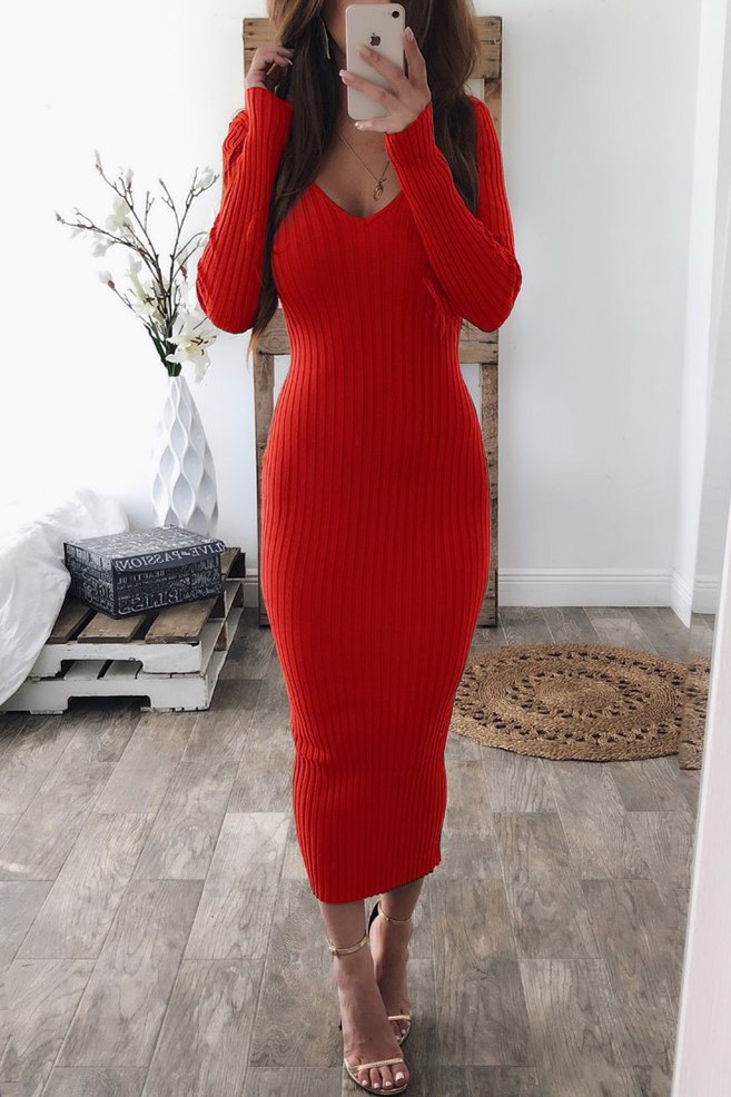 

Sexy Fashion Red Long Sleeve Dress