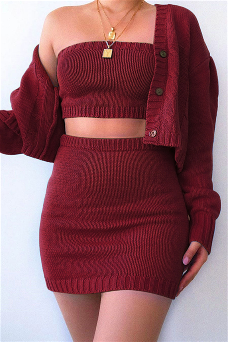 

Fashion Sexy Cardigan Three-Piece Wine Red Skirt Suit