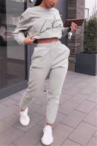 Fashion Casual Letter Positioning Printed Gray Long Sleeve Two-Piece