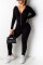 Fashion Casual Zipper Hooded Black Long Sleeve Jumpsuit