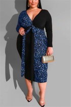 Fashion Print Color Matching Deep V-Neck Blue Long Dress