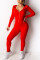 Fashion Casual Zipper Hooded Red Long Sleeve Jumpsuit