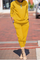 Casual Sports Elastic Sweater Yellow Two Piece Suit