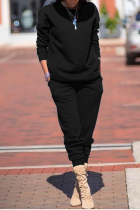 Casual Sports Elastic Sweater Black Two Piece Suit