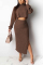 Sexy Round Neck Long Sleeve Coffee Two Piece Suit