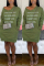 Fashion Letter Embroidered Army Green V-neck Dress