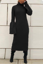 Fashion Warm Turtleneck Trumpet Sleeves Black Dress