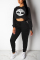 Casual Sports Crop Loose Sweater Black Print Two Piece Suit