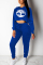 Casual Sports Crop Loose Sweater Blue Print Two Piece Suit