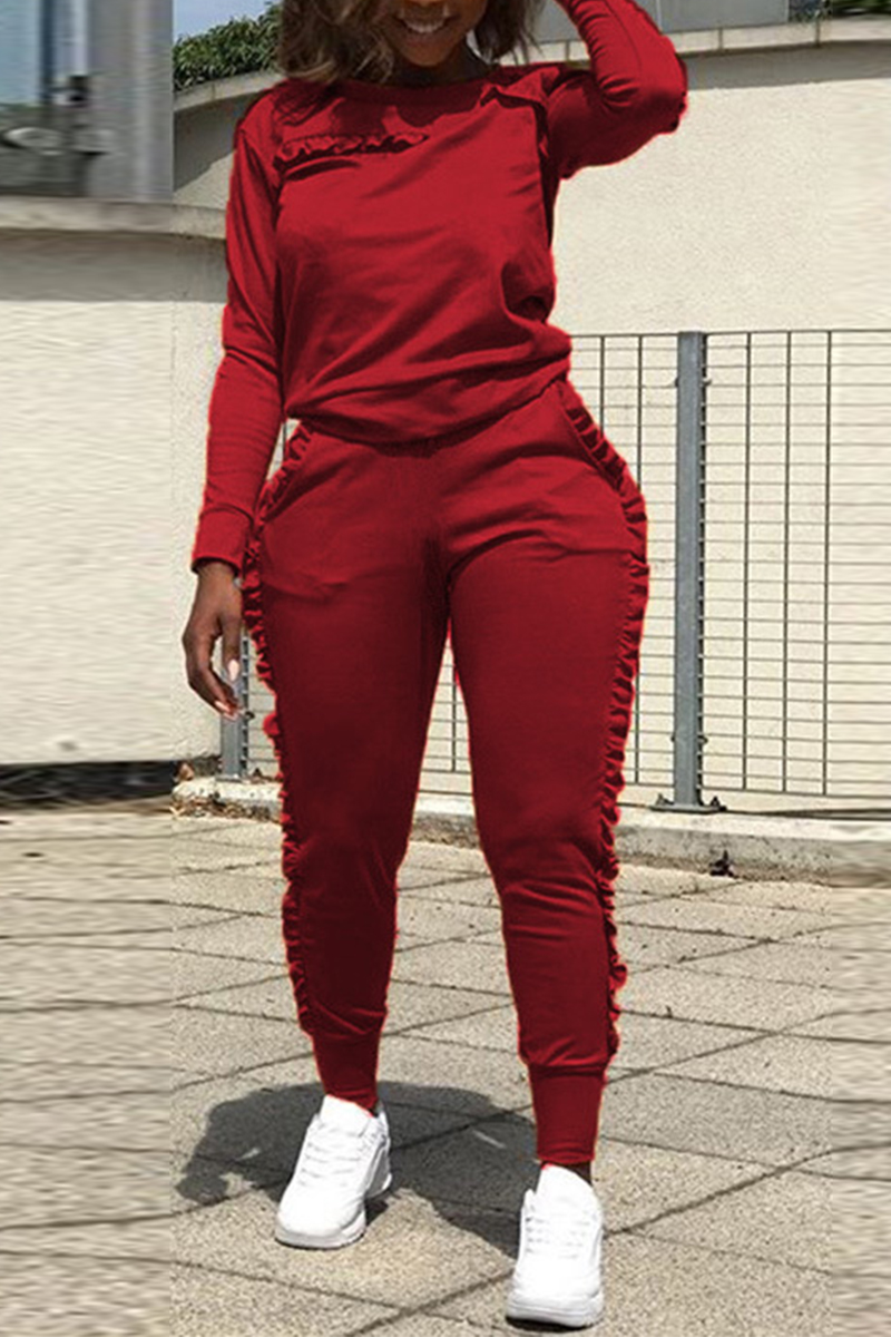 

Street Sports Long Sleeve Wooden Ear Side Red Two-Piece Suit