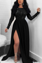 Sexy Backless Sequined Lace Slit Black Dress