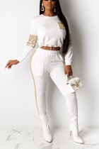 Fashion Stitching Long Sleeve Sequin White Sports Suit