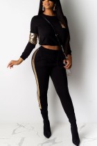Fashion Stitching Long Sleeve Sequin Black Sports Suit