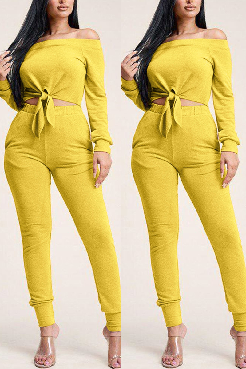 

Fashion Sexy Long Sleeve Yellow Off The Shoulder Two Piece Suit