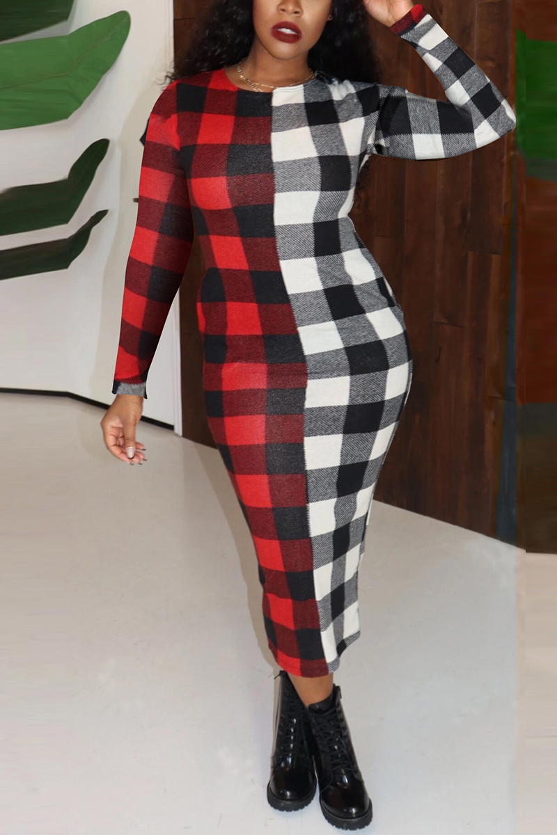 

Fashion Casual Plaid Red And White Long Sleeve Dress
