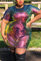 Sexy Beaded Short Sleeve Color Change Large Size Multicolor Dress