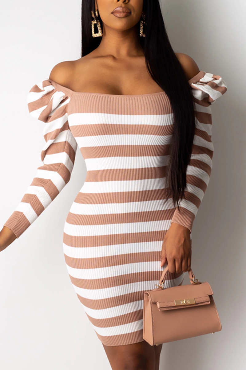 

Fashion Stripe Printing Apricot Long Sleeve Dress