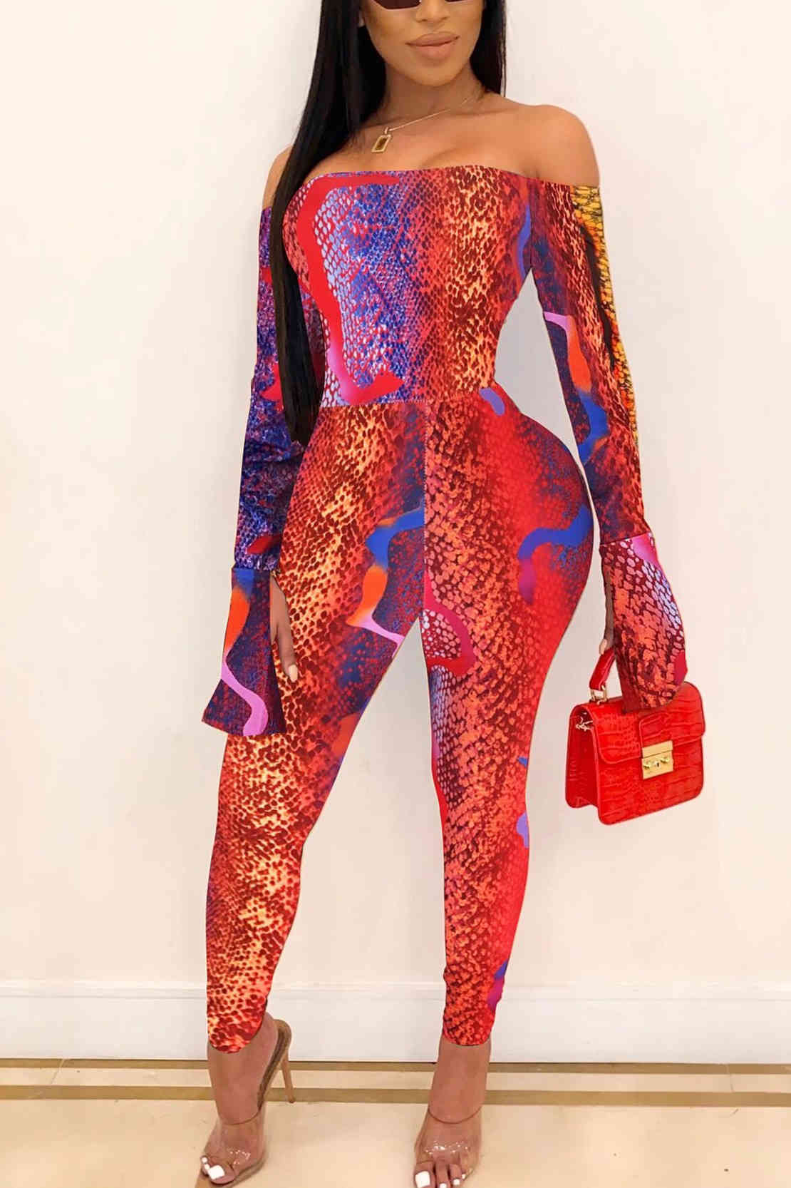 

Sexy Strapless Snakeskin Print Red Jumpsuit