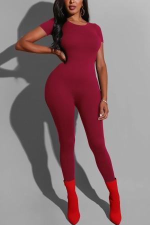 Casual Round Neck Wine Red Short Sleeve Jumpsuit