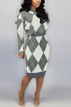 Fashion Sweater Gray Plaid Print Two Piece Suit
