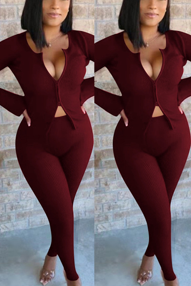 

Sexy Casual Double Zipper Article Pit Wine Red Two Piece Suit